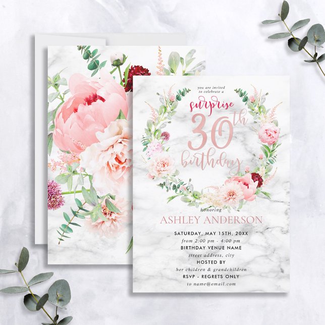 Pink Peony Wreath Rose Gold Marble Surprise 30th Invitation (Creator Uploaded)