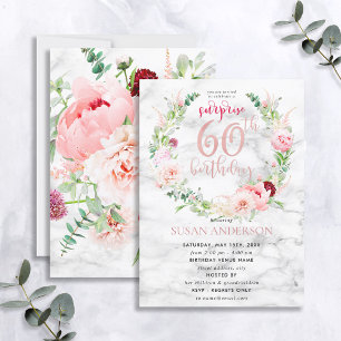 Pink Peony Wreath Rose Gold Marble Surprise 60th Invitation