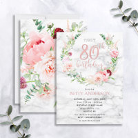 Pink Peony Wreath Rose Gold Marble Typography 80th