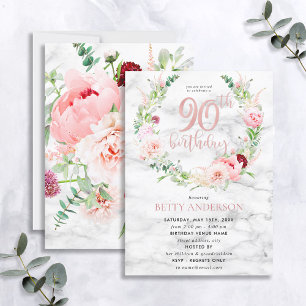 Pink Peony Wreath Rose Gold Marble Typography 90th Invitation
