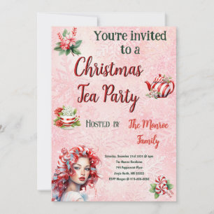 Pink Peppermint Christmas Tea Party Invitation