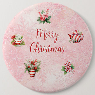 Pink Peppermint Christmas Tea Party Snowflake 6 Cm Round Badge