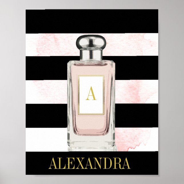 Pink Perfume Bottle Black Stripe Chic Monogram Poster (Front)