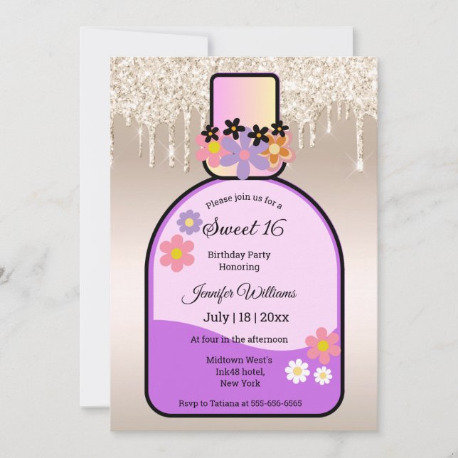 pink perfume bottle gold glitters sweet 16 party invitation (Front)