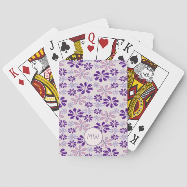 Pink Periwinkle Indigo Flower Doodle Your Initials Playing Cards (Back)
