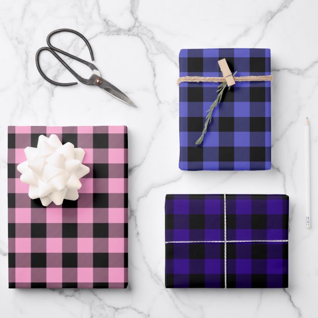 Pink Periwinkle & Purple Buffalo Plaid Wrapping Paper Sheet (Front)