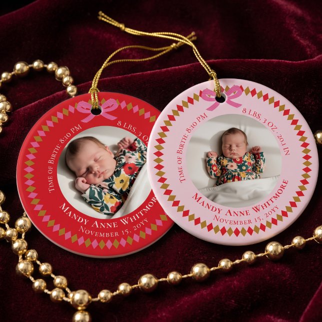 Pink Personalised Baby Birth Stat Keepsake Photo Ceramic Tree Decoration (Pink Personalized Baby Birth Stat Keepsake Photo Ceramic Ornament)