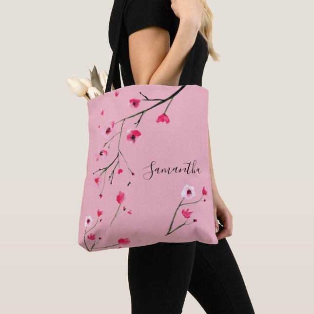 Pink Personalised Cherry Blossom Wedding Tote Bag (Close Up)