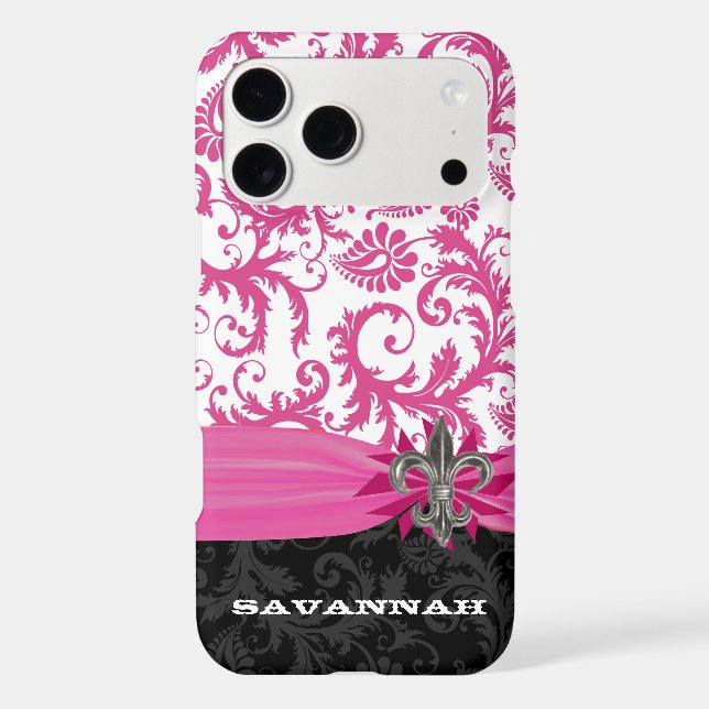 Pink Personalised Faux Fleur de lis Damask iPhone (Back)