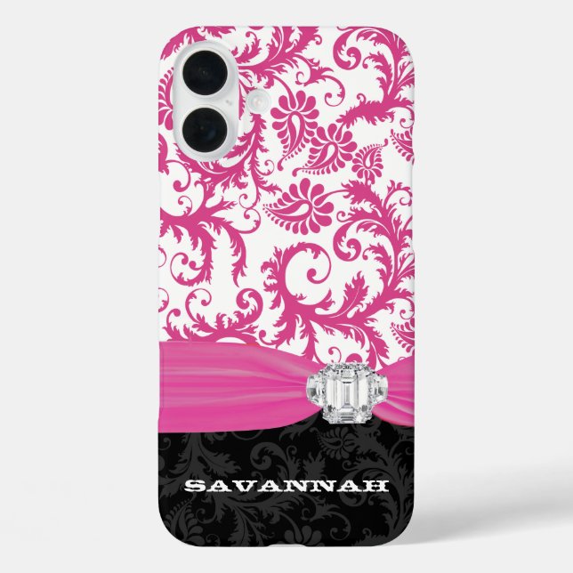 Pink Personalised Faux Rhinestone Damask iPhone Case-Mate iPhone Case (Back)