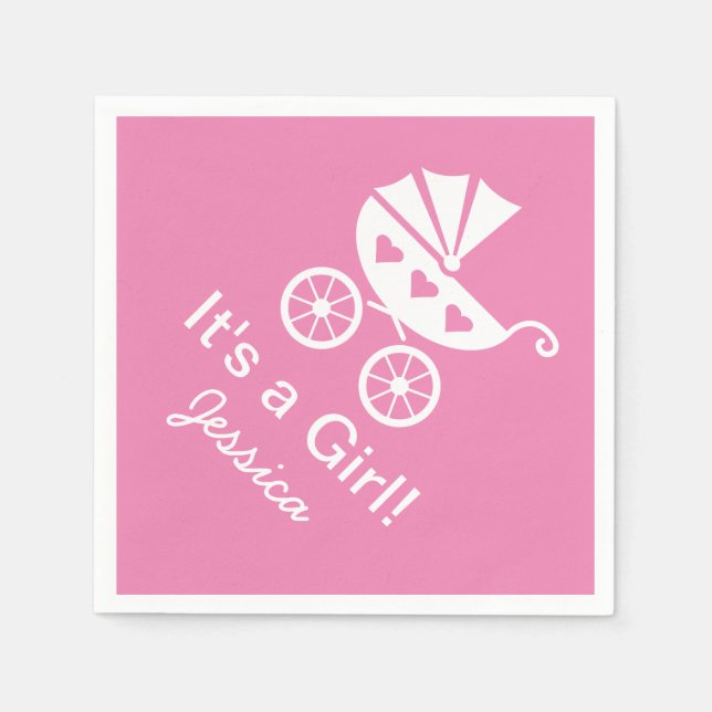 Pink personalised It's a girl baby shower napkins (Front)