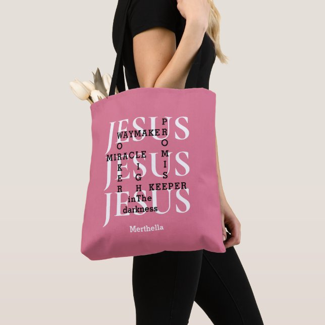 Pink Personalised JESUS Waymaker Christian Tote Bag (Close Up)