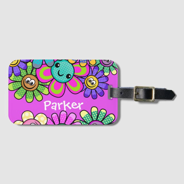 Pink Personalised Kids Smiling Flowers Luggage Tag (Front Horizontal)