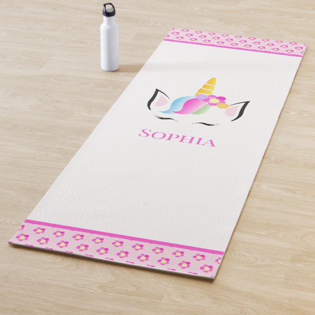 Pink Personalised Magical Unicorn illustration Yoga Mat (In Situ)
