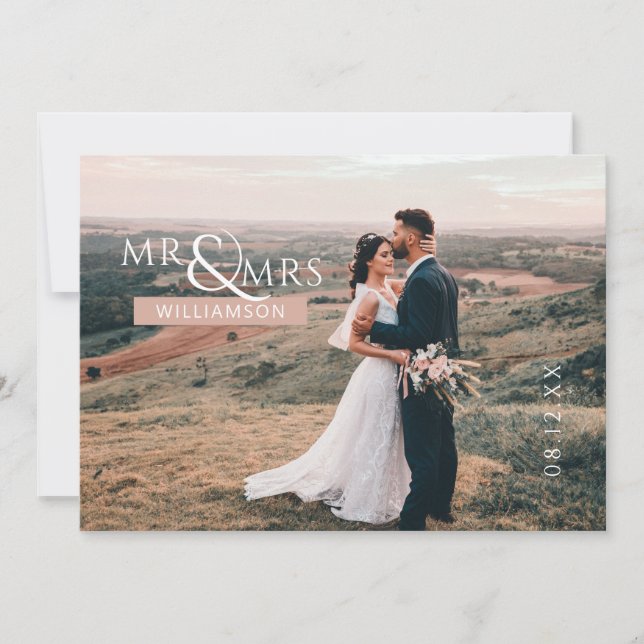 Pink Personalised Mr & Mrs Monogram Wedding Photo  Thank You Card (Front)