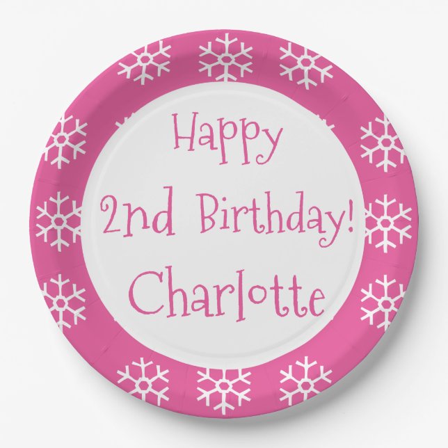 Pink Personalised Snowflake Winter Birthday Kids Paper Plate (Front)