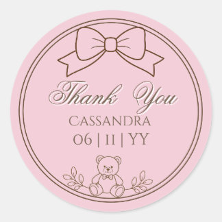 Pink Personalised Teddy Bear Bow Classic Round Sticker