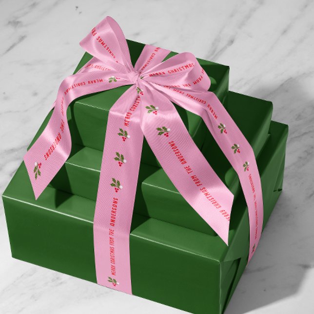 Pink Personalised Text with Holly Sprigs Holiday Satin Ribbon (pink personalized Christmas text and name holiday gift ribbon with holly leaf and berries)