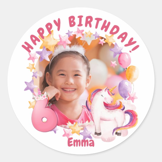 Pink Personalised Unicorn 6th Birthday Girl Classic Round Sticker (Front)