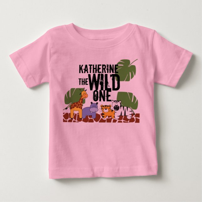 pink Personalised WILD ONE Safari First Birthday Baby T-Shirt (Front)
