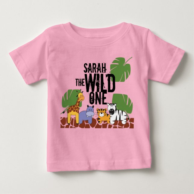 PINK Personalised WILD ONE Safari First Birthday Baby T-Shirt (Front)