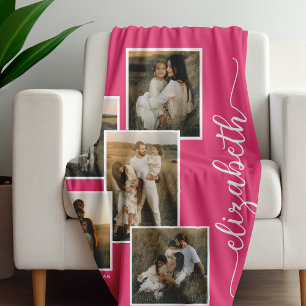 Pink Personalised With Name 5 Photo Collage Fleece Blanket