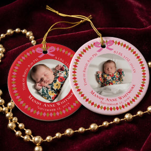 Pink Personalized Baby Birth Stat Keepsake Photo Ceramic Tree Decoration