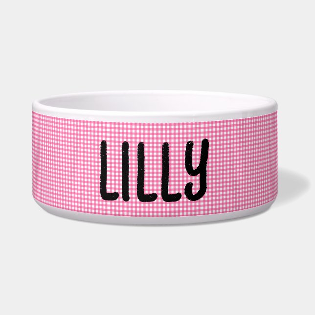 PINK PERSONALIZED GINGHAM PET CAT OR DOG BOWL (Front)