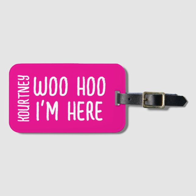 Pink Personalized Modern Bold Funny Luggage Tag (Front Horizontal)