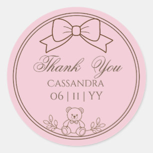 Pink Personalized Teddy Bear Bow Classic Round Sticker