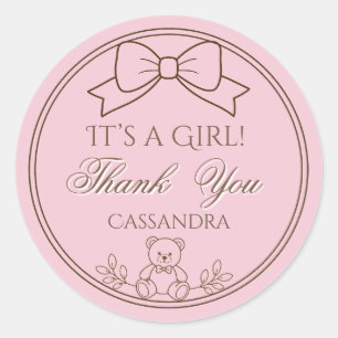 Pink Personalized Teddy Bear Bow It’s a girl Classic Round Sticker