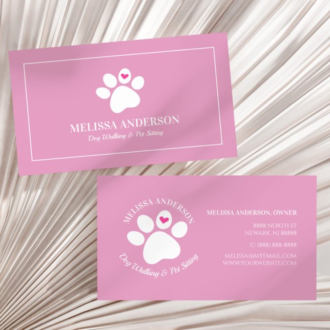 Pink Pet Animal Dog Cat Paw Heart Custom Business Card (Creator Uploaded)