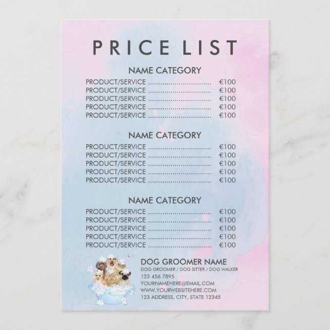 Pink Pet Groomer Sitting Dog Cat Spa Price List Menu (Front)