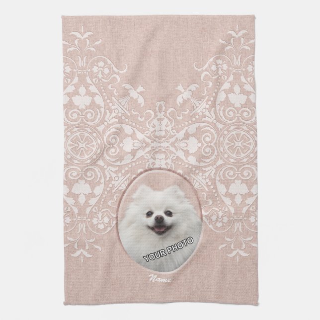 Pink Pet memorial elegant sweet modern damask Tea Towel (Vertical)