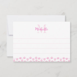 Pink Pet Paw Prints Custom Monogram Cute Lined Card