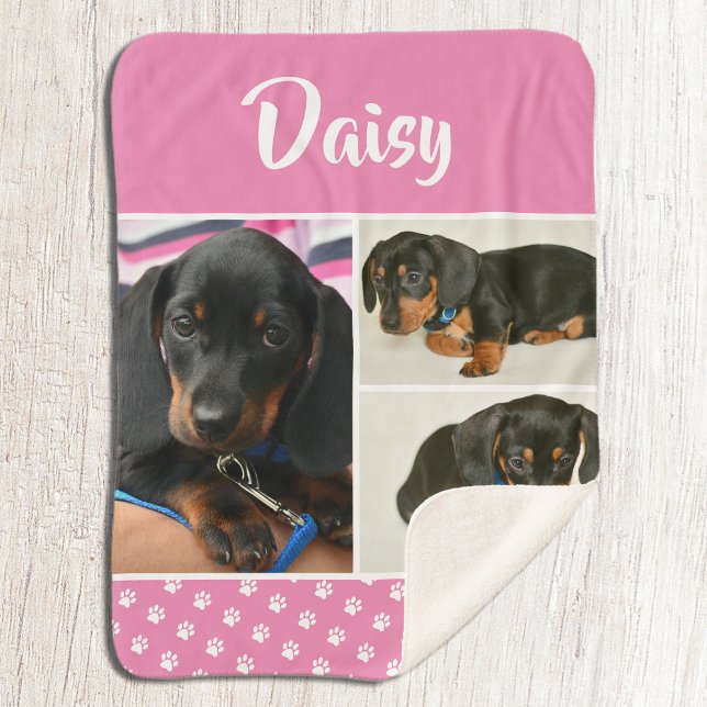 Pink Pet Photo Collage Dog Lover Pawprint Sherpa Blanket (Creator Uploaded)
