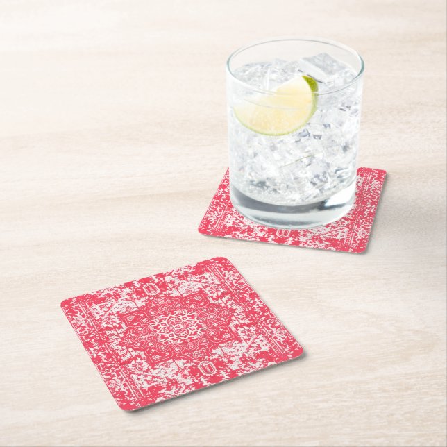 Pink Petals on Kilim Dreams Square Paper Coaster (Insitu)