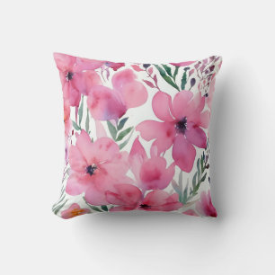 Pink Petals Watercolor Floral Painted Flowers Cushion