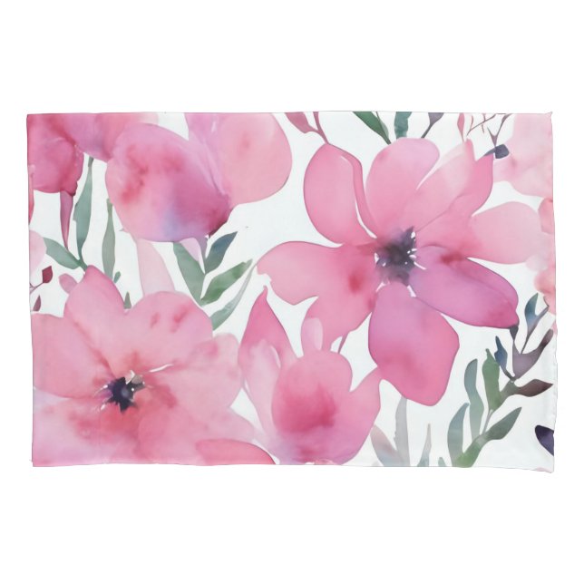 Pink Petals | Watercolor Floral Painted Flowers Pillowcase (Front)