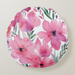 Pink Petals Watercolor Floral Painted Flowers Round Cushion