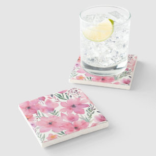 Pink Petals Watercolor Floral Painted Flowers Stone Coaster
