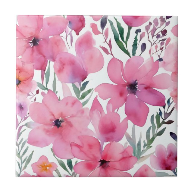 Pink Petals | Watercolor Floral Painted Flowers Tile (Front)