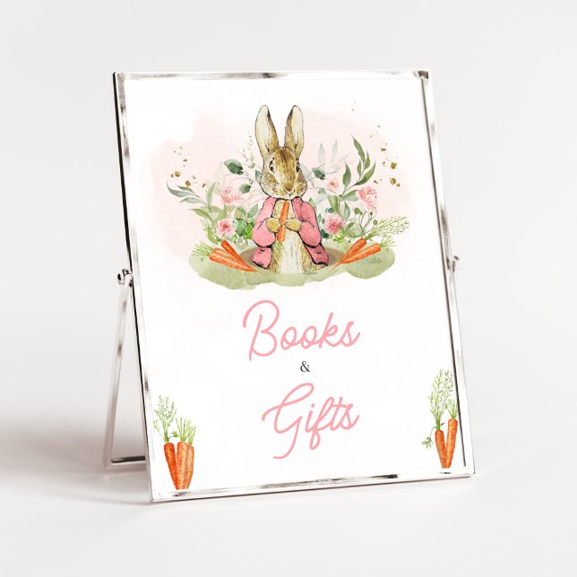Pink Peter Rabbit Baby Shower Books and Gifts Poster (A Little Bunny Spring Baby Shower Books and Gifts Sign)