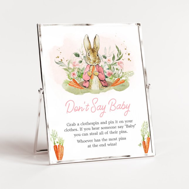 Pink Peter Rabbit Baby Shower Don't Say Baby Poster (A Little Bunny Spring Baby Shower Don't Say Baby Sign)
