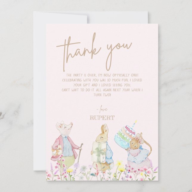 Pink Peter the Rabbit First Birthday Parade  Thank You Card (Front)
