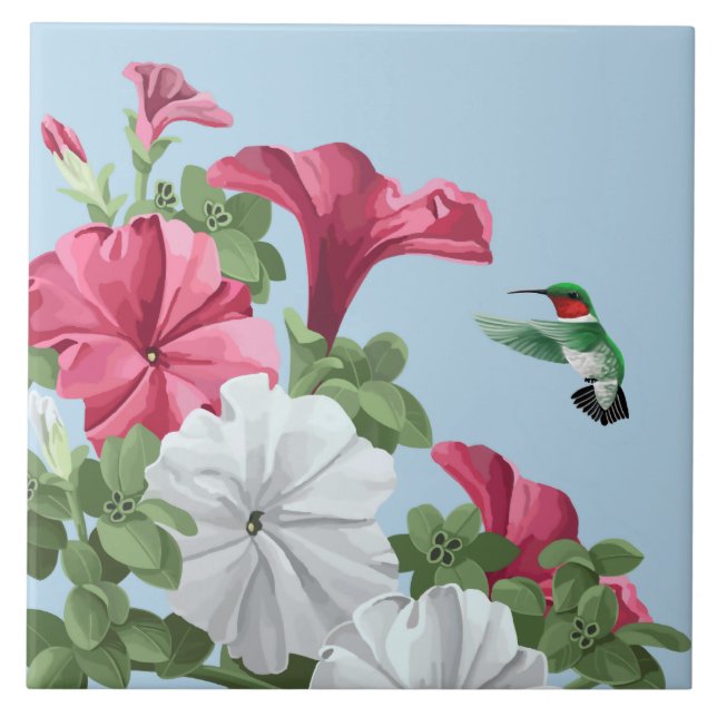 Pink Petunia Flowers and Hummingbird Tile (Front)