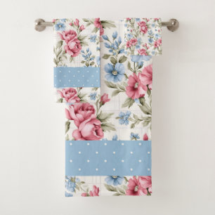 Pink Petunias and Sky Blue Daisies Bath Towel Set