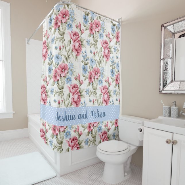 Pink Petunias and Sky Blue Daisies - Polka Dots  Shower Curtain (In Situ)