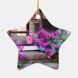 Pink Petunias and Watering Cans Ceramic Tree Decoration