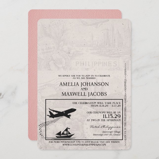 Pink Philippines Passport Wedding Invitation (Front/Back)